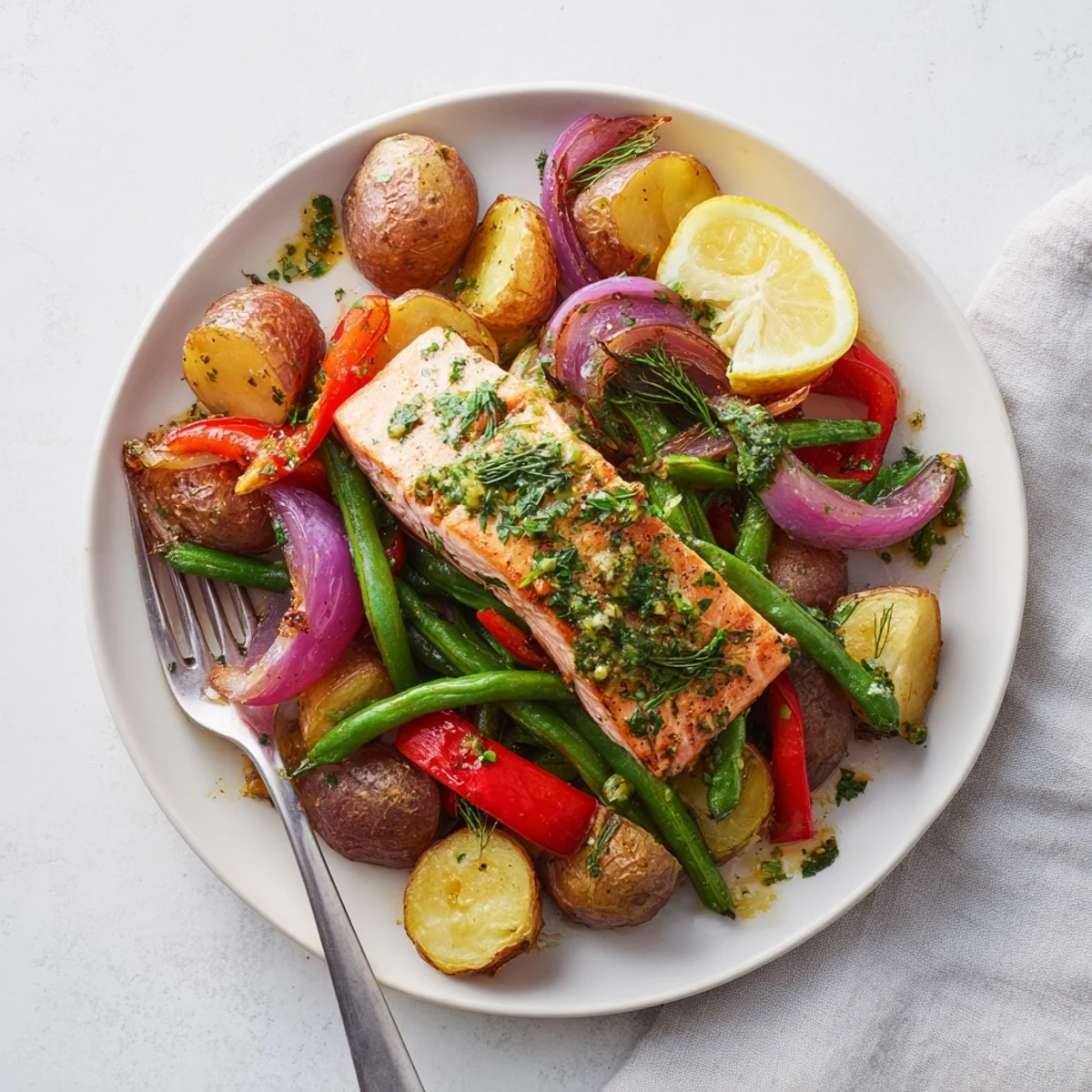 Tender Lemon Herb Salmon & Potato Sheet Pan with crispy veggies and zesty flavors.  