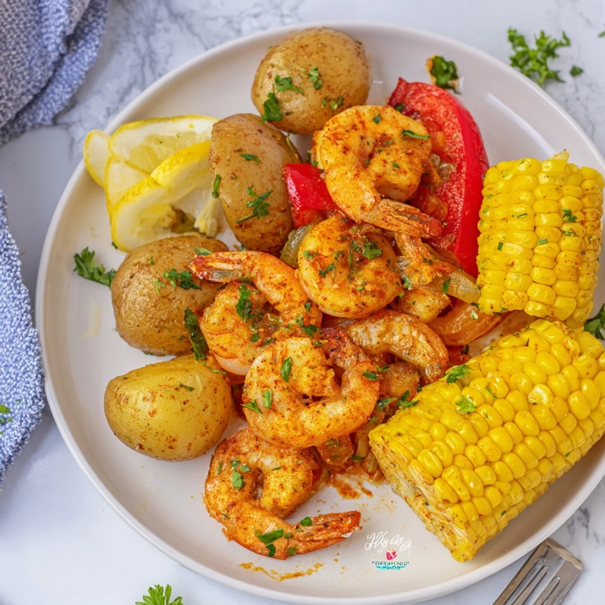 Spicy Cajun shrimp & sweet corn platter with roasted potatoes, perfect for summer gatherings.  