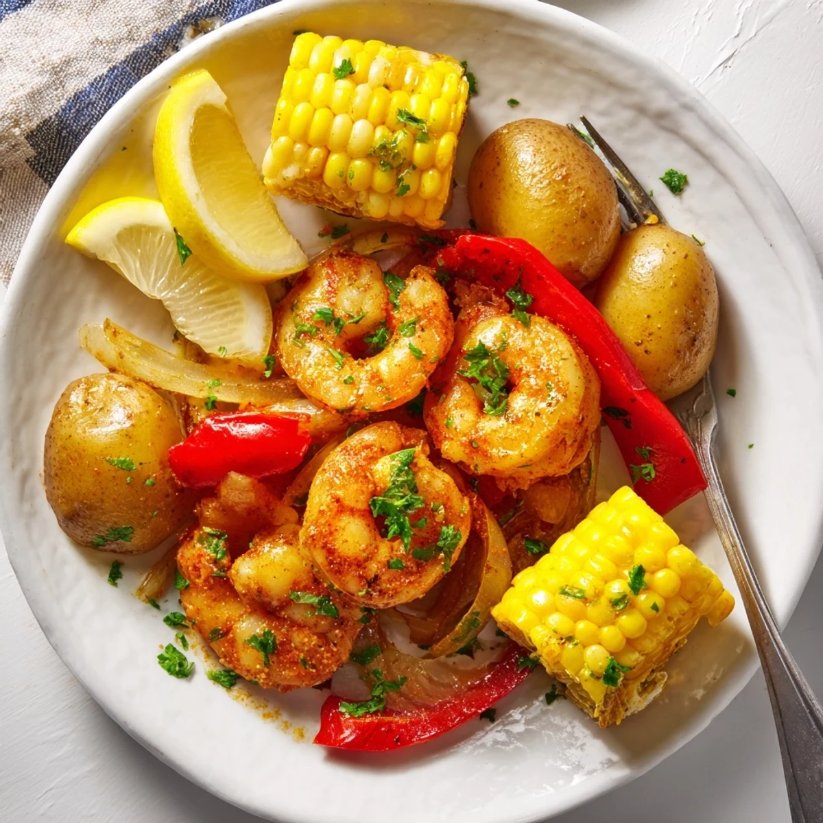 Flavorful Cajun shrimp & sweet corn platter garnished with fresh parsley and lemon wedges.  