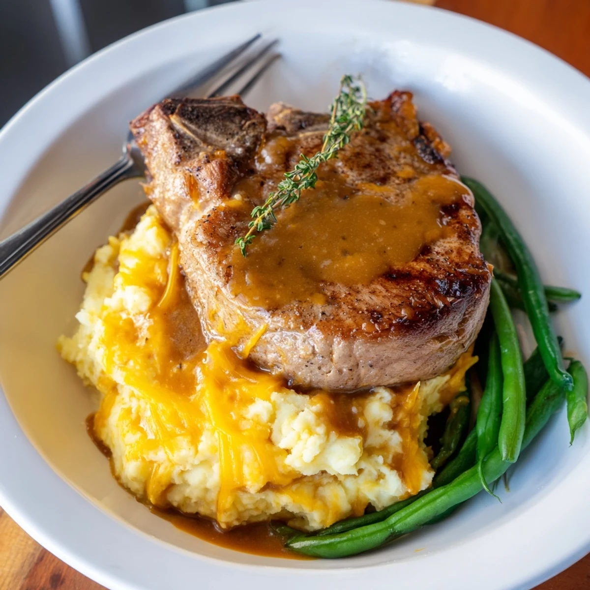 Deliciously seasoned pork chops on rich cheddar mashed potatoes topped with green beans.  