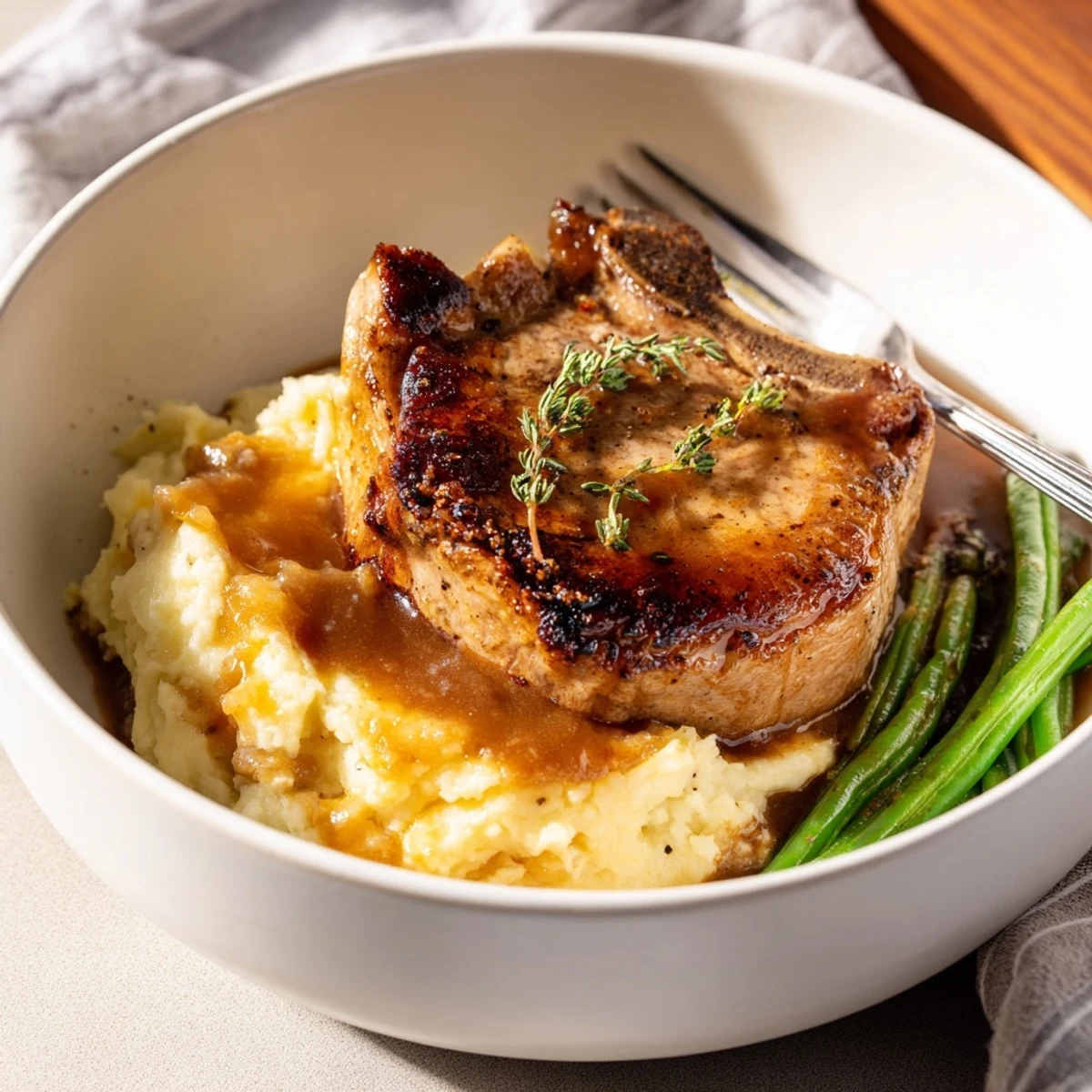 Comforting pork chops & cheddar mash bowl served with fresh, vibrant green beans.