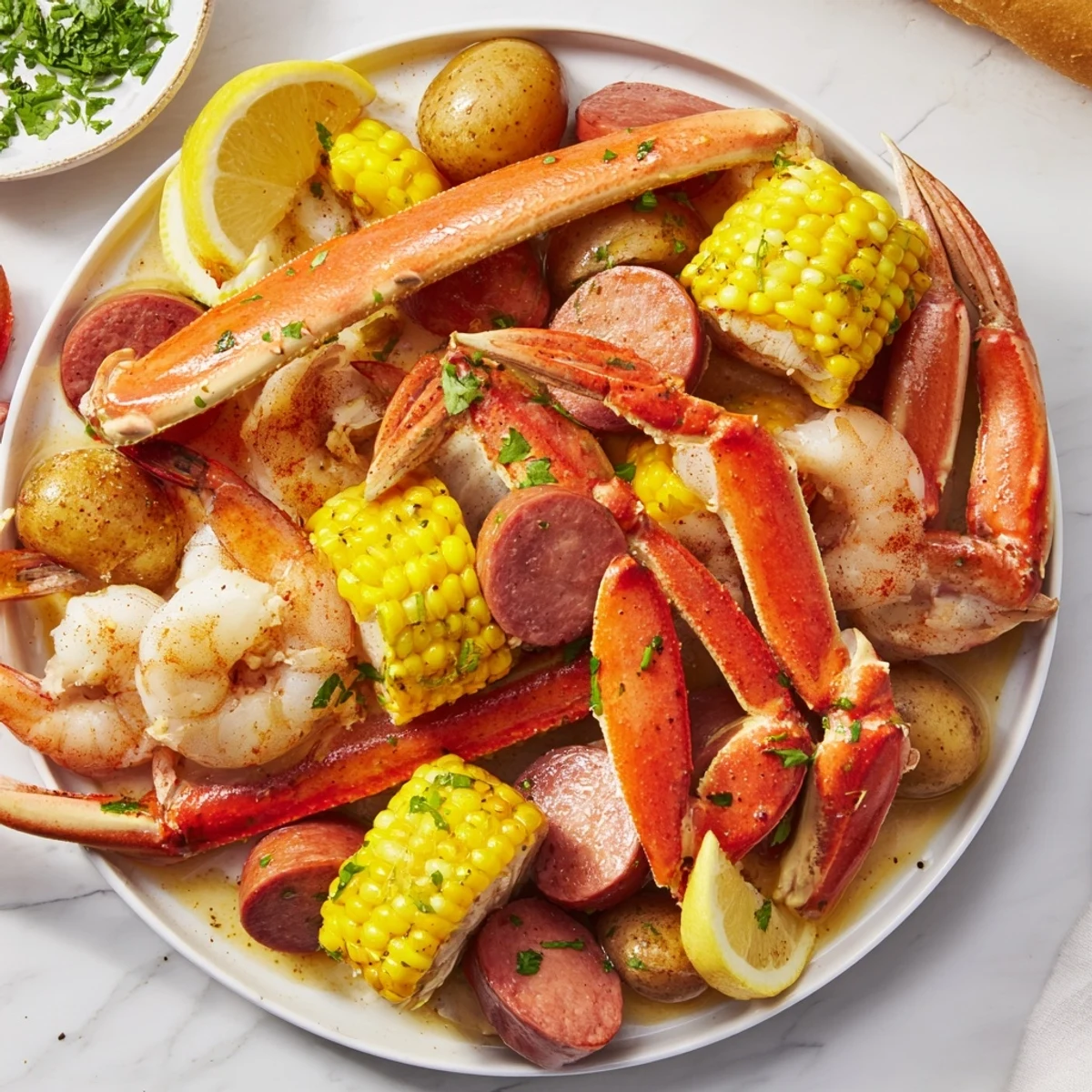 Juicy crab legs and succulent shrimp shine in this vibrant seafood boil.  