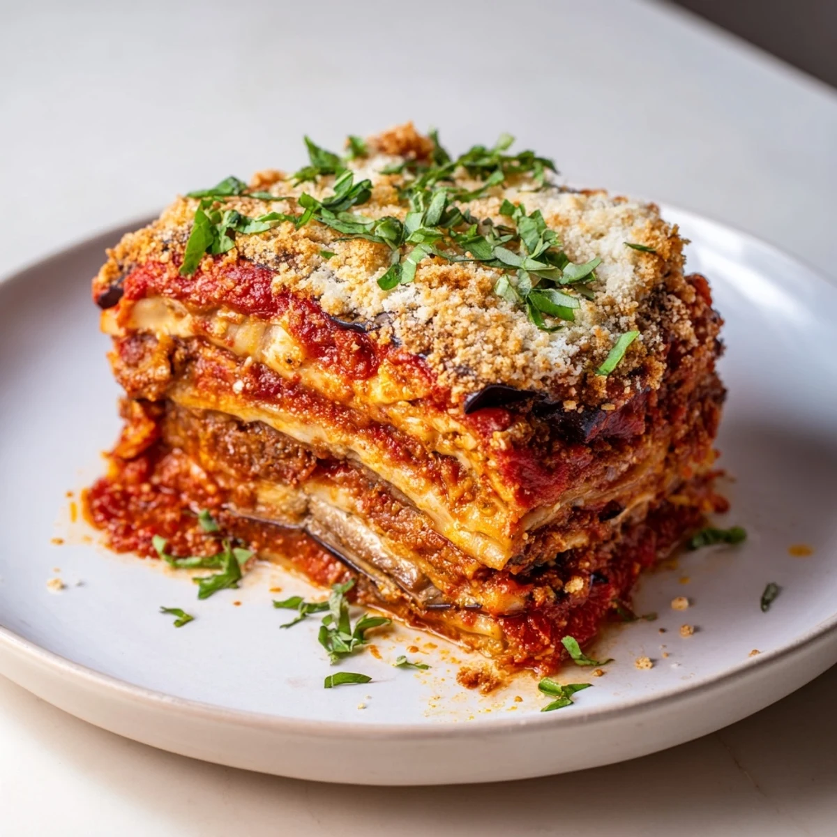 Golden, bubbly Eggplant Parmesan Lasagna layers; rich tomato sauce, creamy ricotta, and melted mozzarella.
