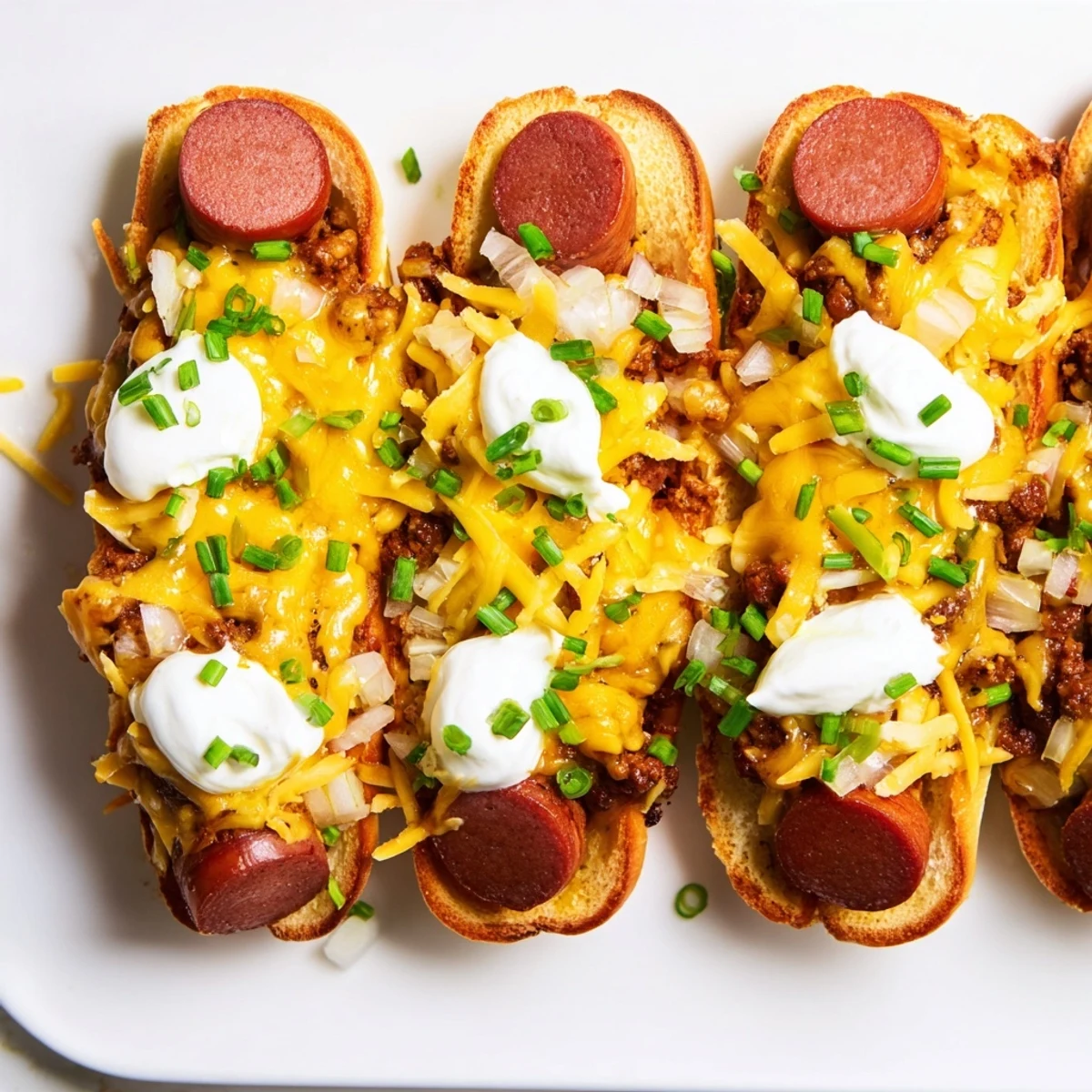 Golden, bubbly Chili Dog Casserole topped with melted cheese and fresh green chives, ready to serve.