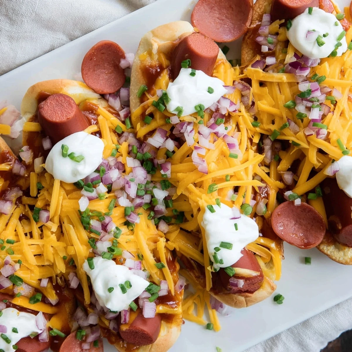 A hearty, warm Chili Dog Casserole, showcasing layers of chili, hot dogs, and melted cheddar cheese.