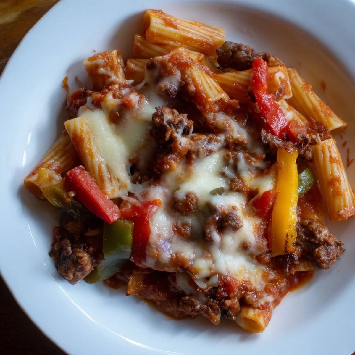 Homemade Baked Rigatoni with Sausage & Peppers, a comforting Italian-American classic, ready to be served.
