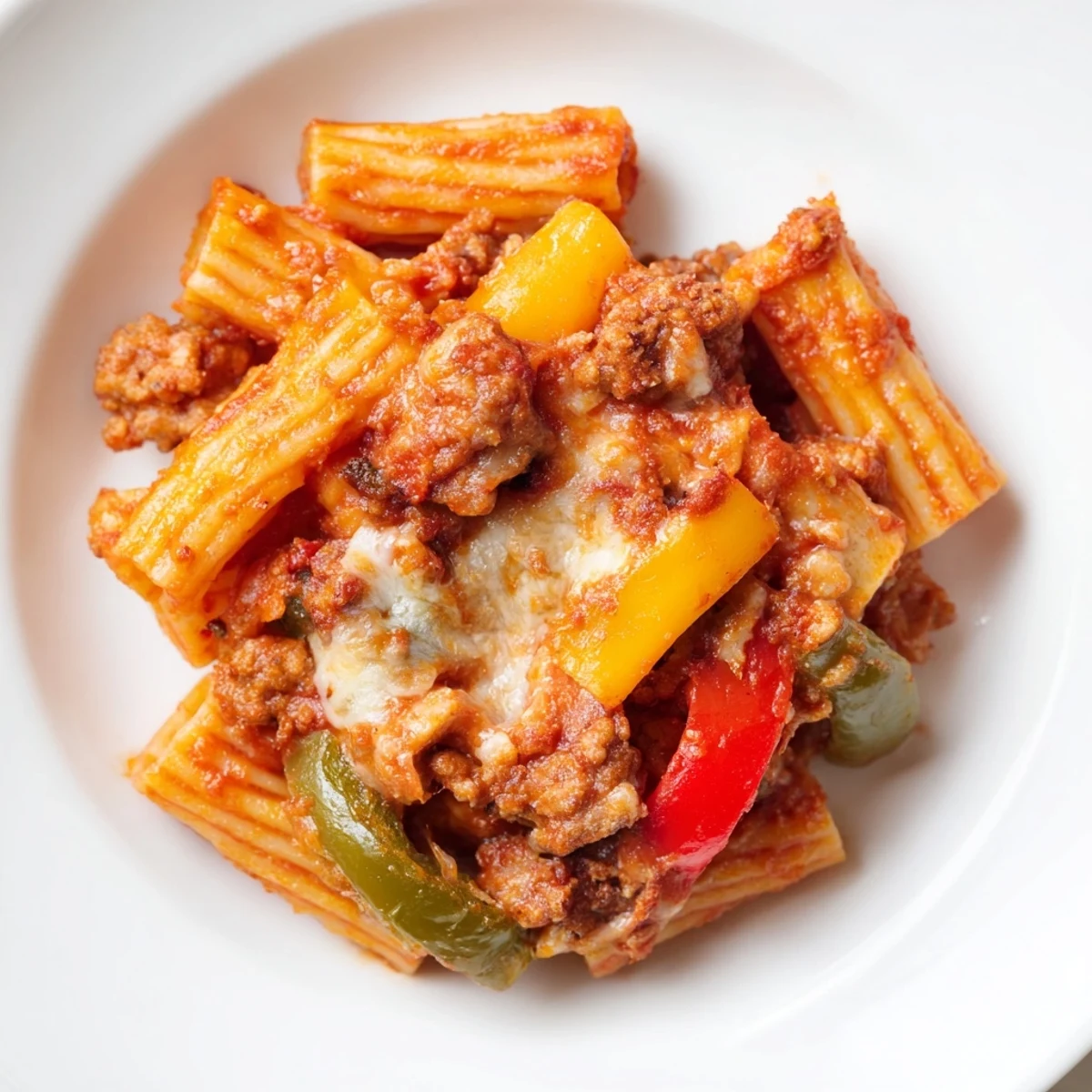 A close-up of golden-brown Baked Rigatoni with Sausage & Peppers, its savory aroma tempting you.