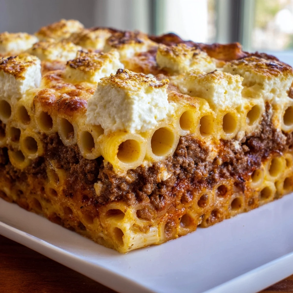 Golden-brown Greek Pastitsio, a comforting baked pasta dish with a creamy, savory flavor.