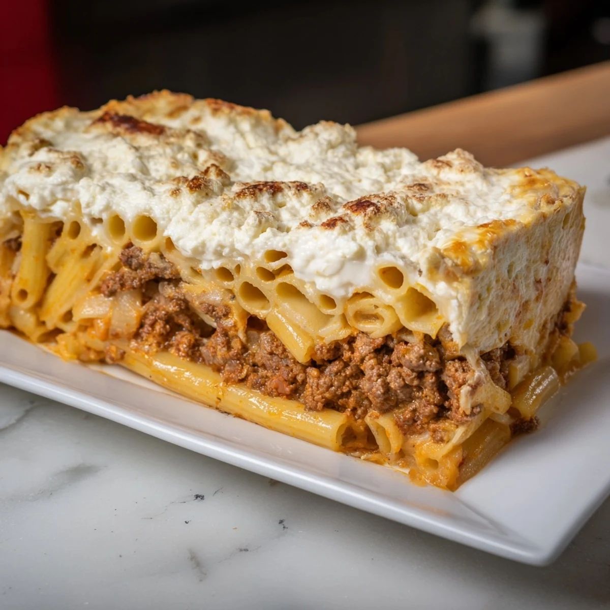 Warm, aromatic Pastitsio, a traditional Greek baked dish, ready to be sliced and served.