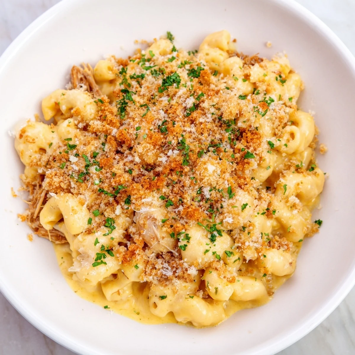 Creamy Barbecue Pulled Pork Mac and Cheese, with a golden, bubbly breadcrumb topping.