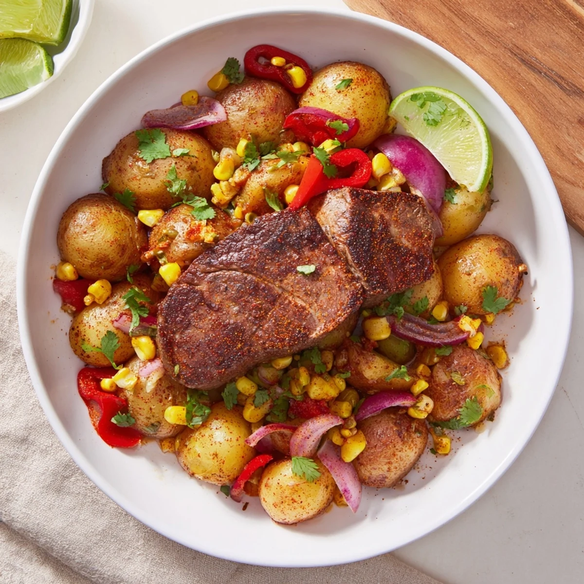 Vibrant Southwest Steak & Potato Skillet with tender steak and colorful vegetables, ready to serve.