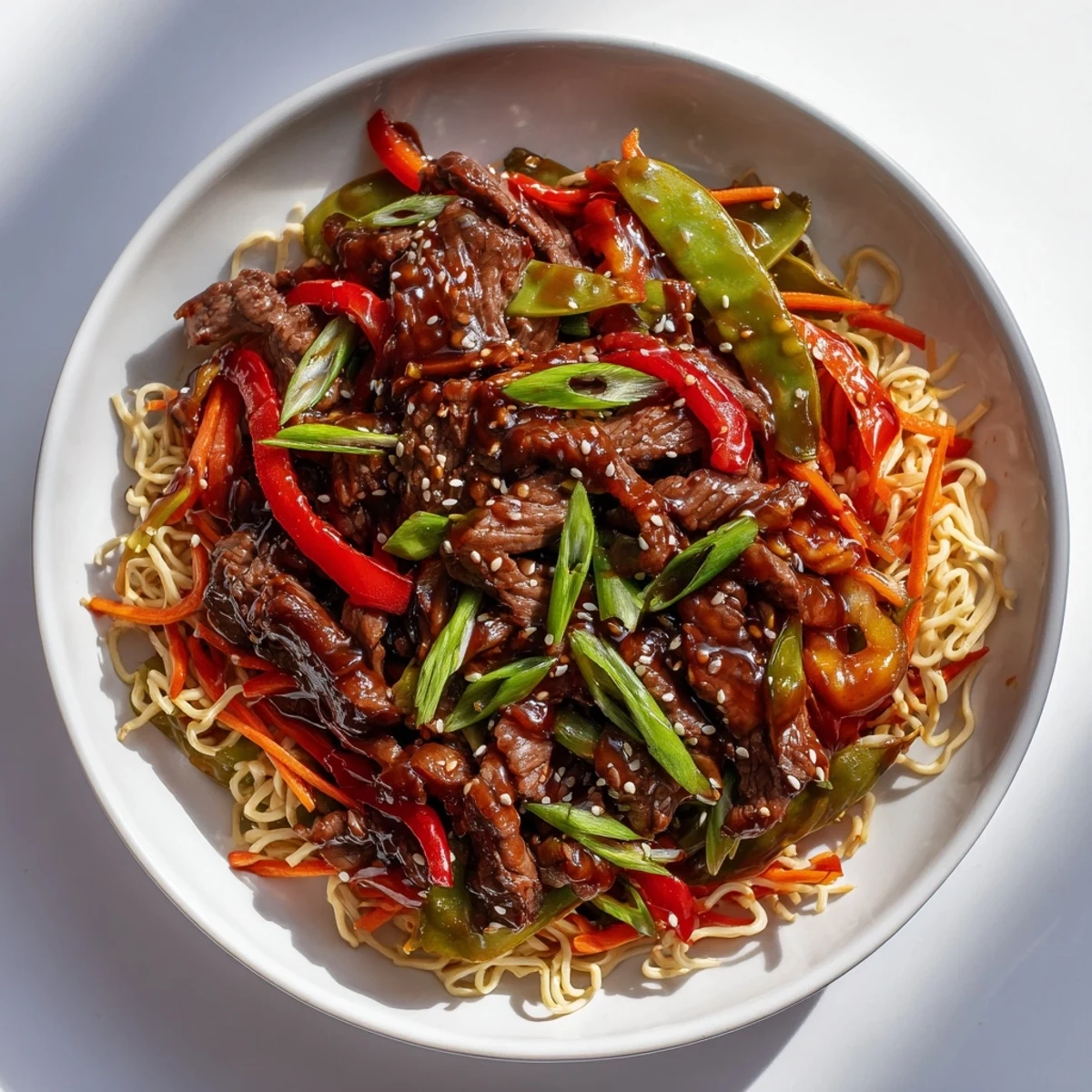 A steaming bowl of Teriyaki Beef & Noodle Bowl showcasing tender beef atop flavorful noodles and veggies.