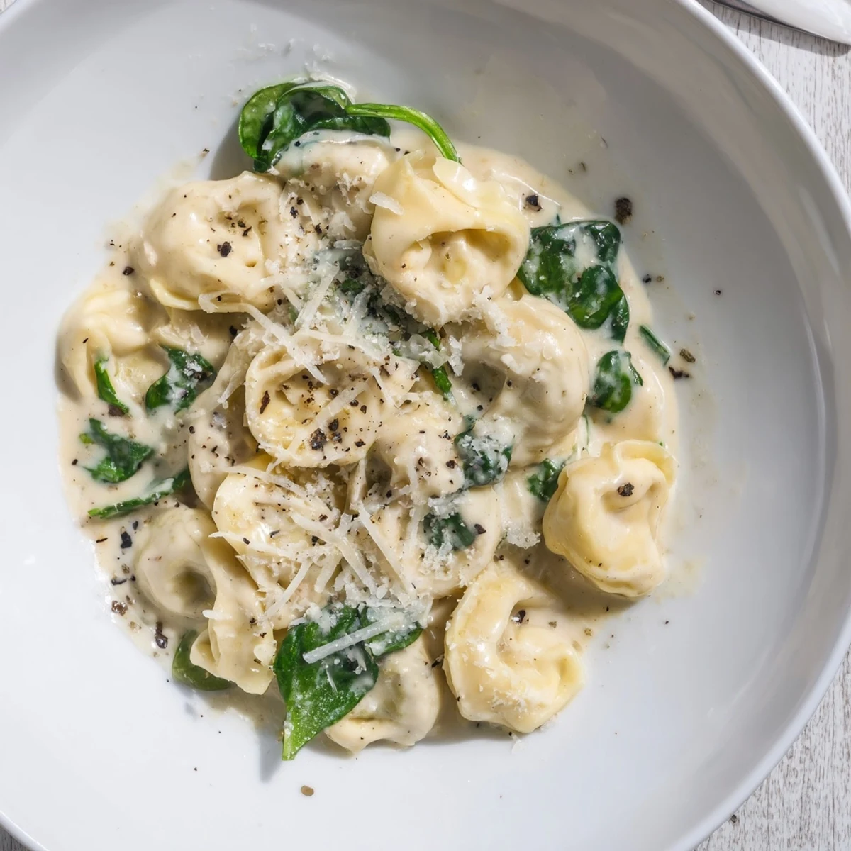 Creamy Spinach Alfredo Tortellini with vibrant green spinach and Parmesan for a decadent Italian meal.