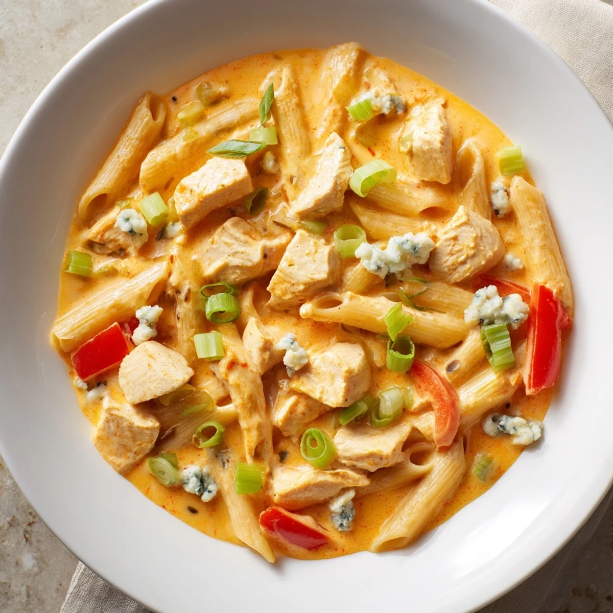 A creamy and cheesy Buffalo Chicken Pasta Skillet, a one-pan meal, ready to serve and enjoy.