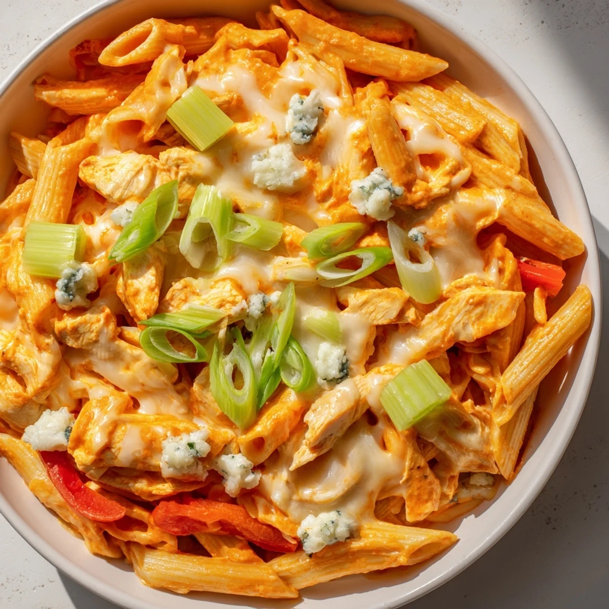 This image shows a steaming bowl of Buffalo Chicken Pasta Skillet, with vibrant red sauce and melted cheese.