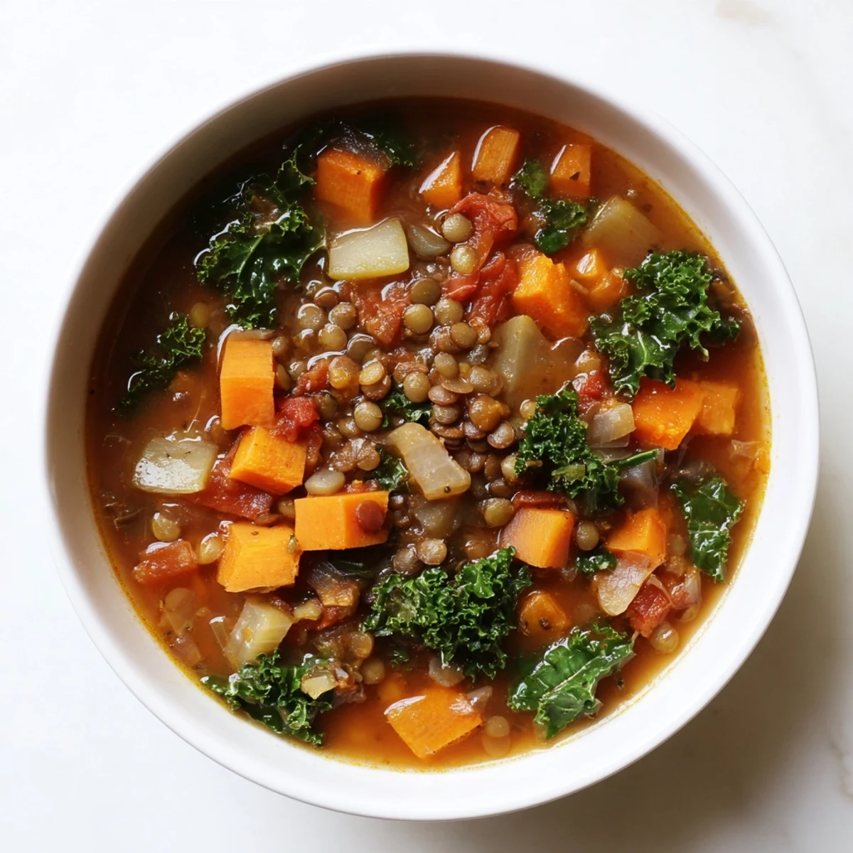 Close-up of a rustic, textured Winter Vegetable & Lentil Soup, full of healthy, vibrant ingredients.