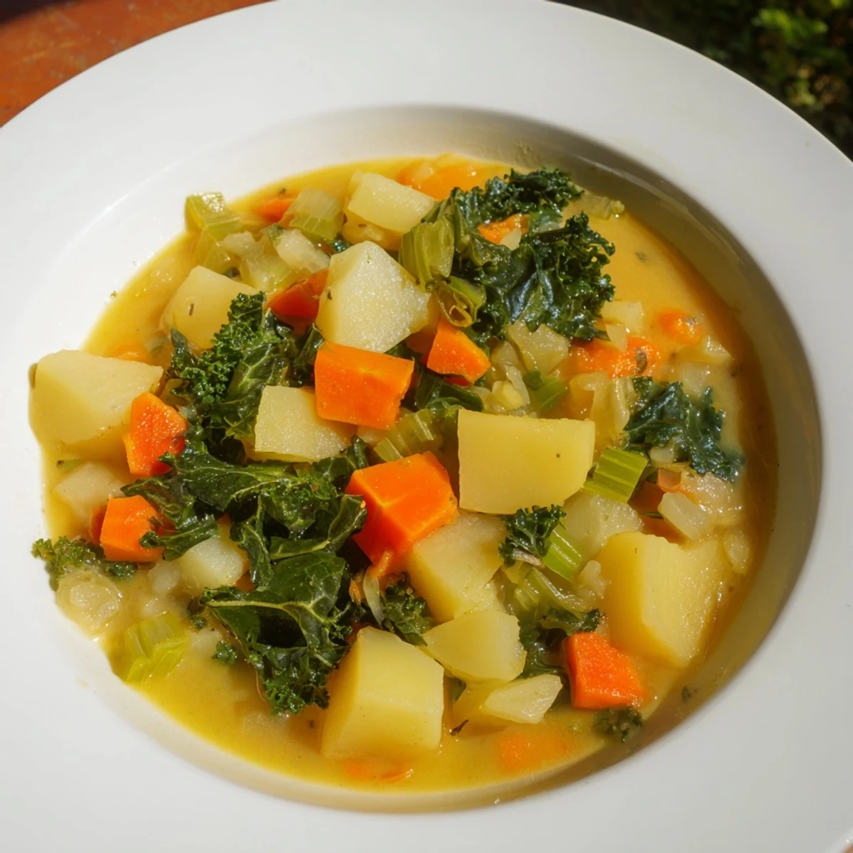 Close-up of hearty Vegetarian Potato-Kale Soup, with vibrant green kale and tender potatoes.
