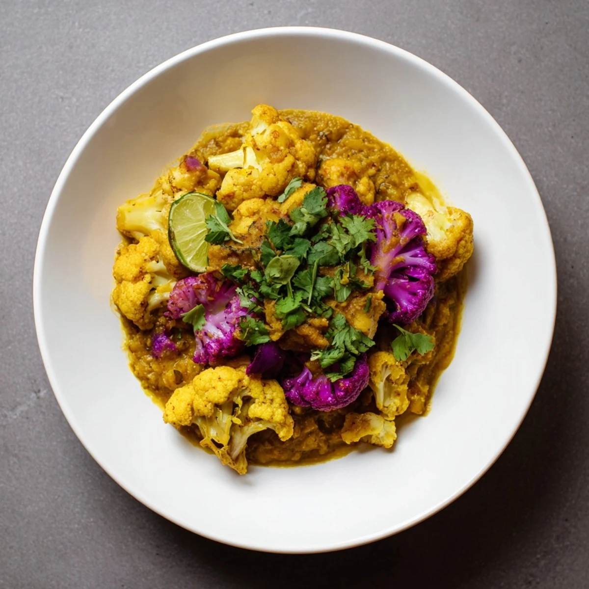 Steaming bowls of Red Cabbage, Cauliflower & Coconut Dhal, garnished with fresh cilantro and bright lemon wedges.