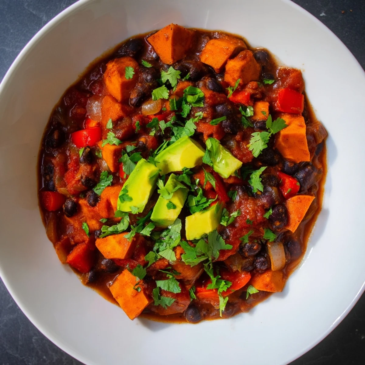 Enjoy this comforting vegetarian Sweet Potato & Black Bean Chili with cornbread for a perfect meal.