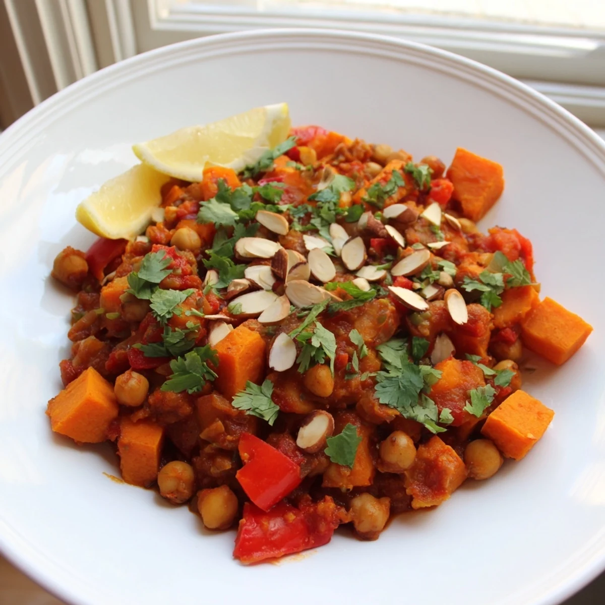 Steaming Moroccan Chickpea & Sweet Potato Tagine, a vibrant, spiced stew with tender vegetables.