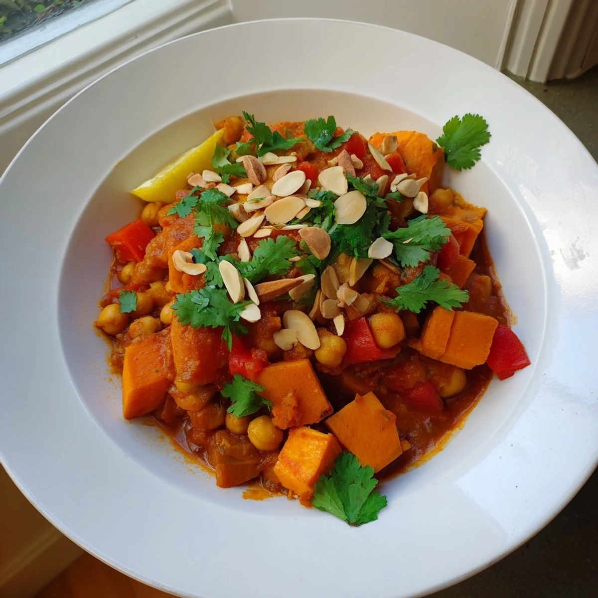 A bowl of Moroccan Chickpea & Sweet Potato Tagine, garnished with fresh cilantro and toasted almonds.