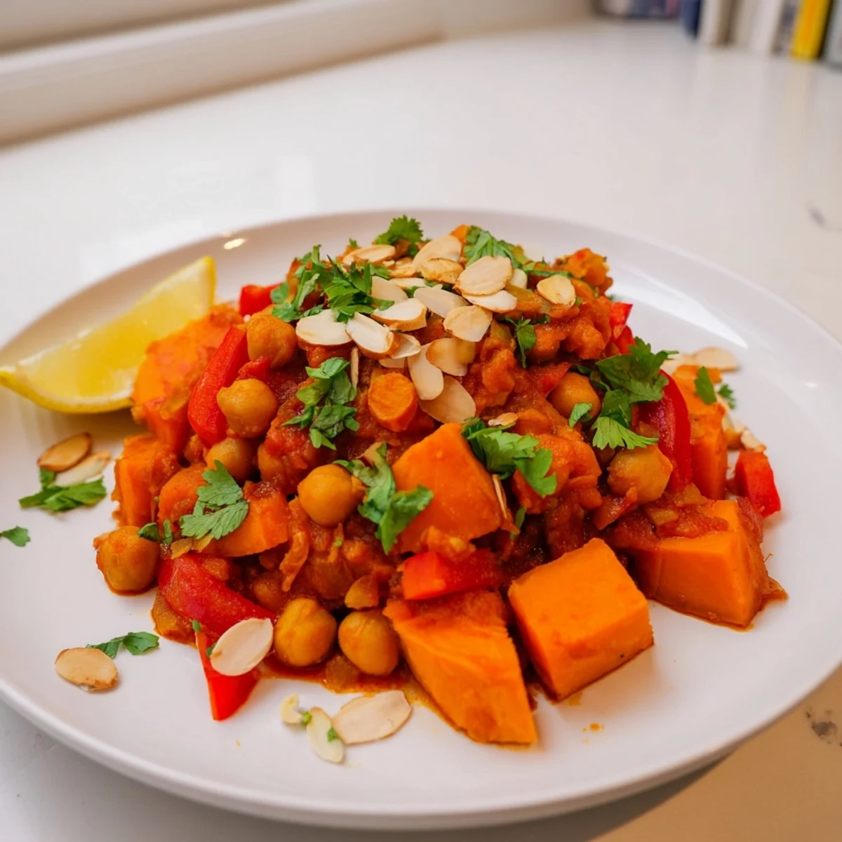Warm and flavorful: close-up of a bubbling Moroccan Chickpea & Sweet Potato Tagine, ready to serve.