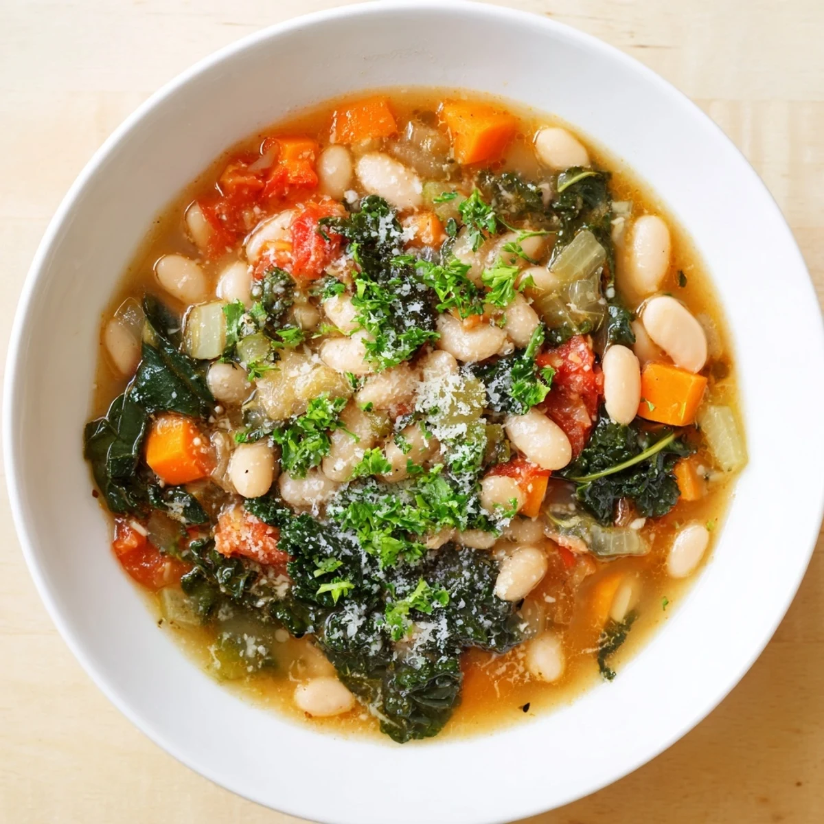 A comforting bowl of Italian Bean & Kale Stew, filled with tender beans, vegetables, and rich tomato broth.
