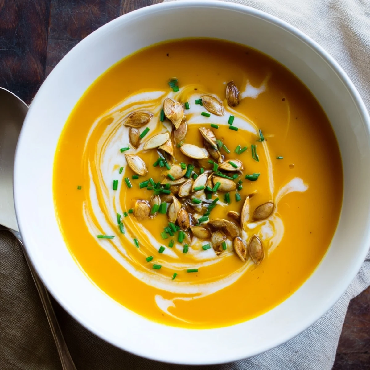 Aromatic, golden butternut squash and pear soup in a bowl, ready to warm you.