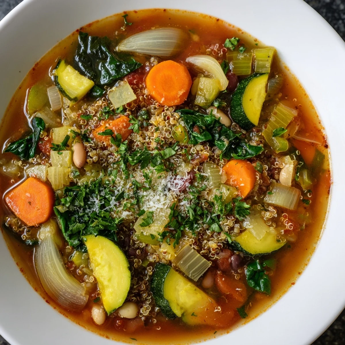 A hearty, vibrantly-colored Minestrone with Quinoa, offering healthy vegetables in every spoonful.