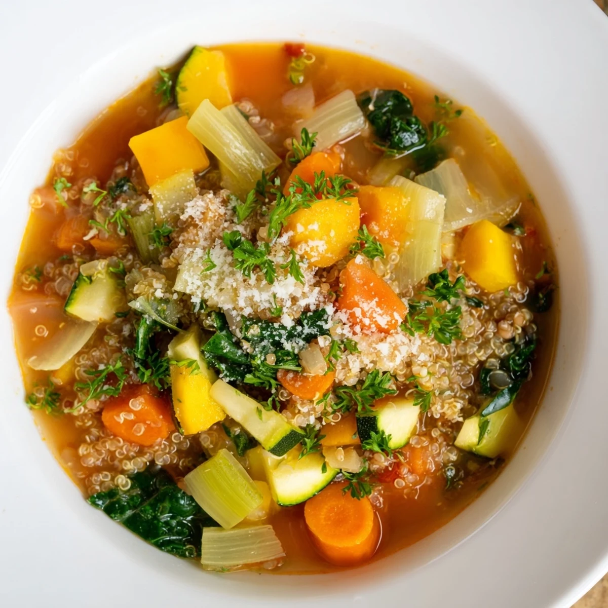 Steaming bowl of Minestrone with Quinoa & Winter Greens garnished with fresh parsley, ready to enjoy.