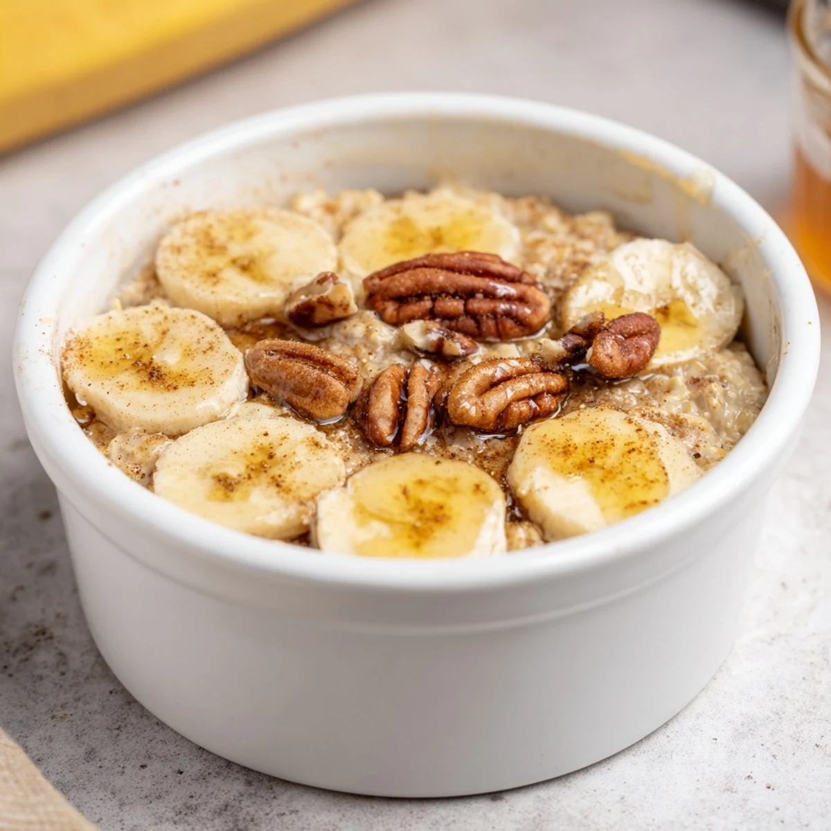 Imagine the aroma: creamy Baked Oats Ramekins, topped with banana and nuts, presented for a delightful serving.