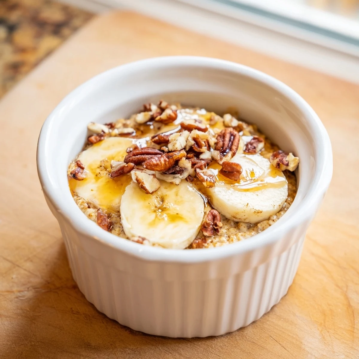 Fluffy, golden-brown Baked Oats Ramekins with banana slices and a honey drizzle for a comforting breakfast.