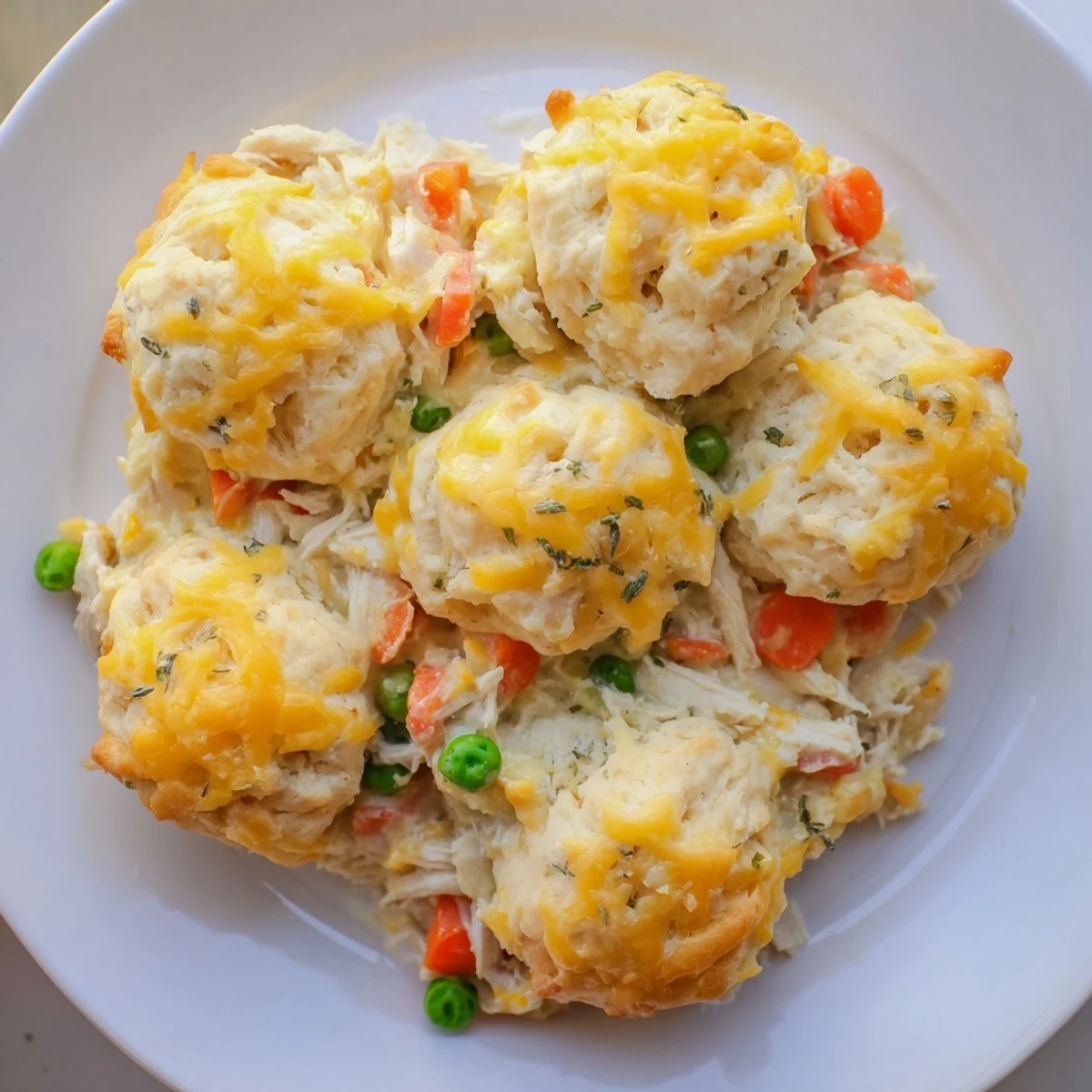 A close-up of a warm One-Pan Chicken Cobbler with fluffy cheddar biscuits, ready to be served.