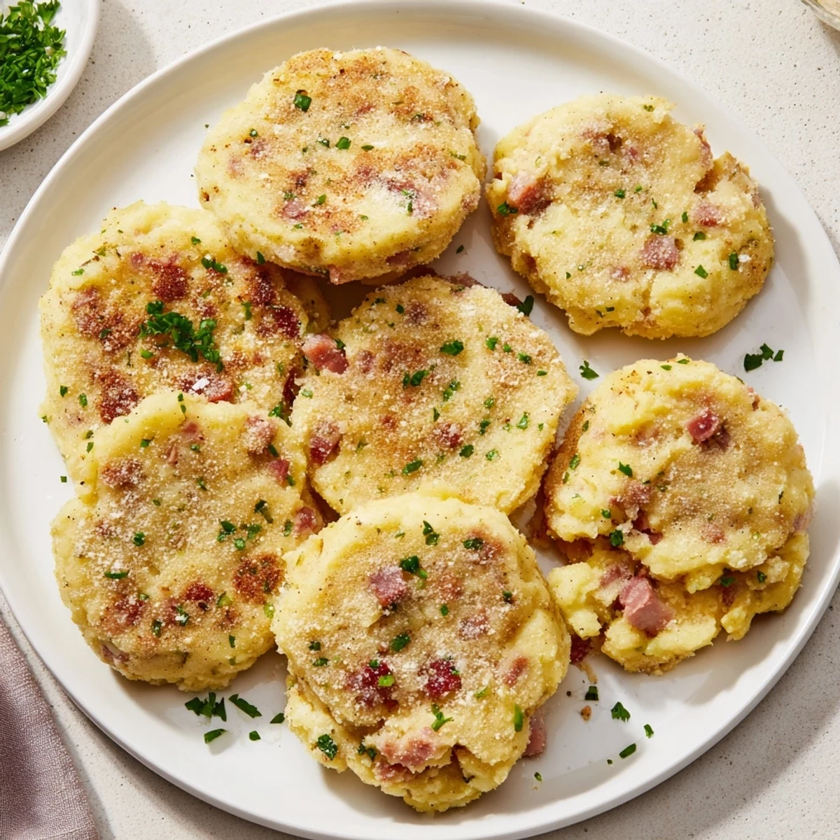 Golden-brown Depression-Era Ham & Potato Patties, crispy and delicious, ready to serve with your favorite condiment.