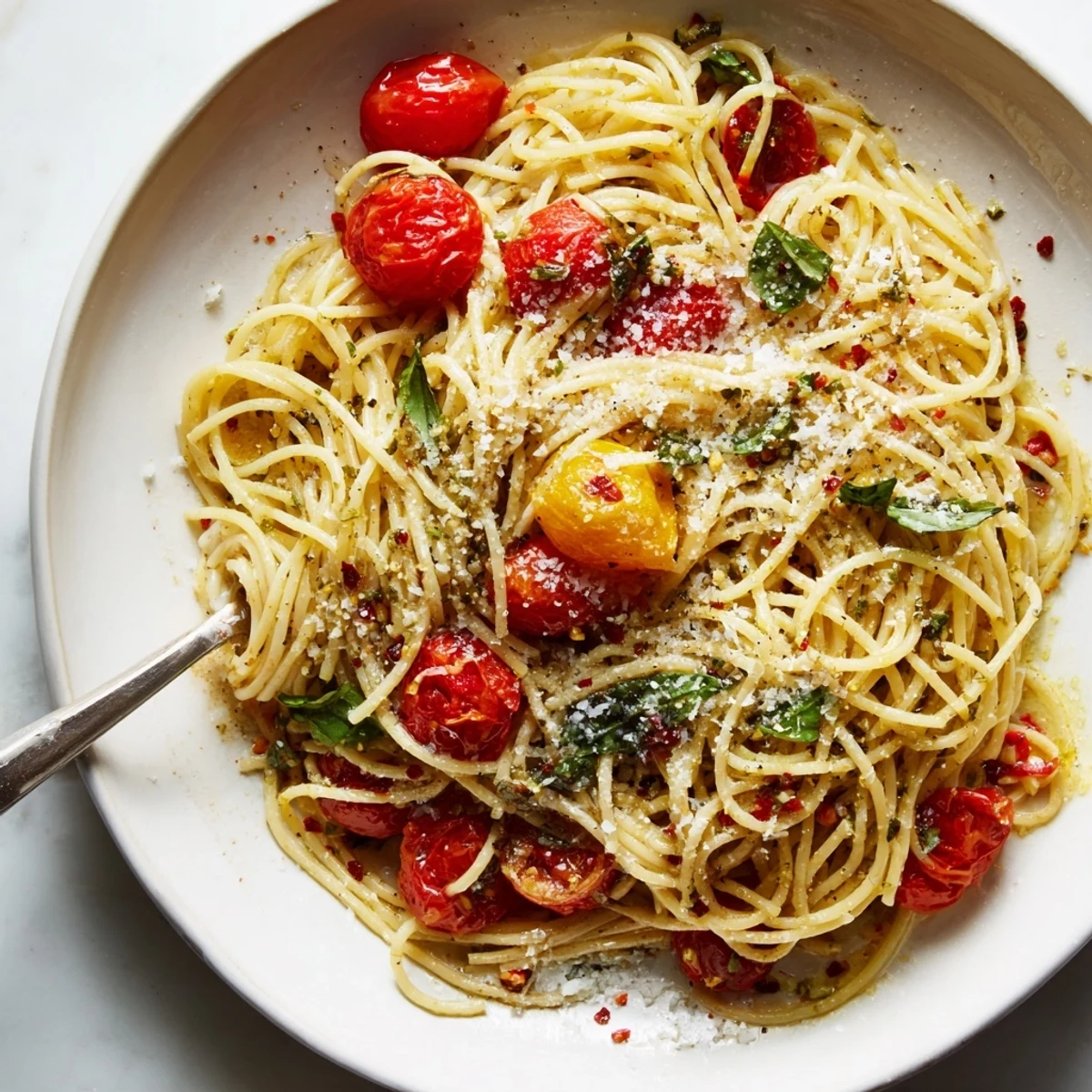 Steaming bowl of Lazy-Girl Pasta, glistening with tomatoes, Parmesan, and fresh basil, ready to eat.