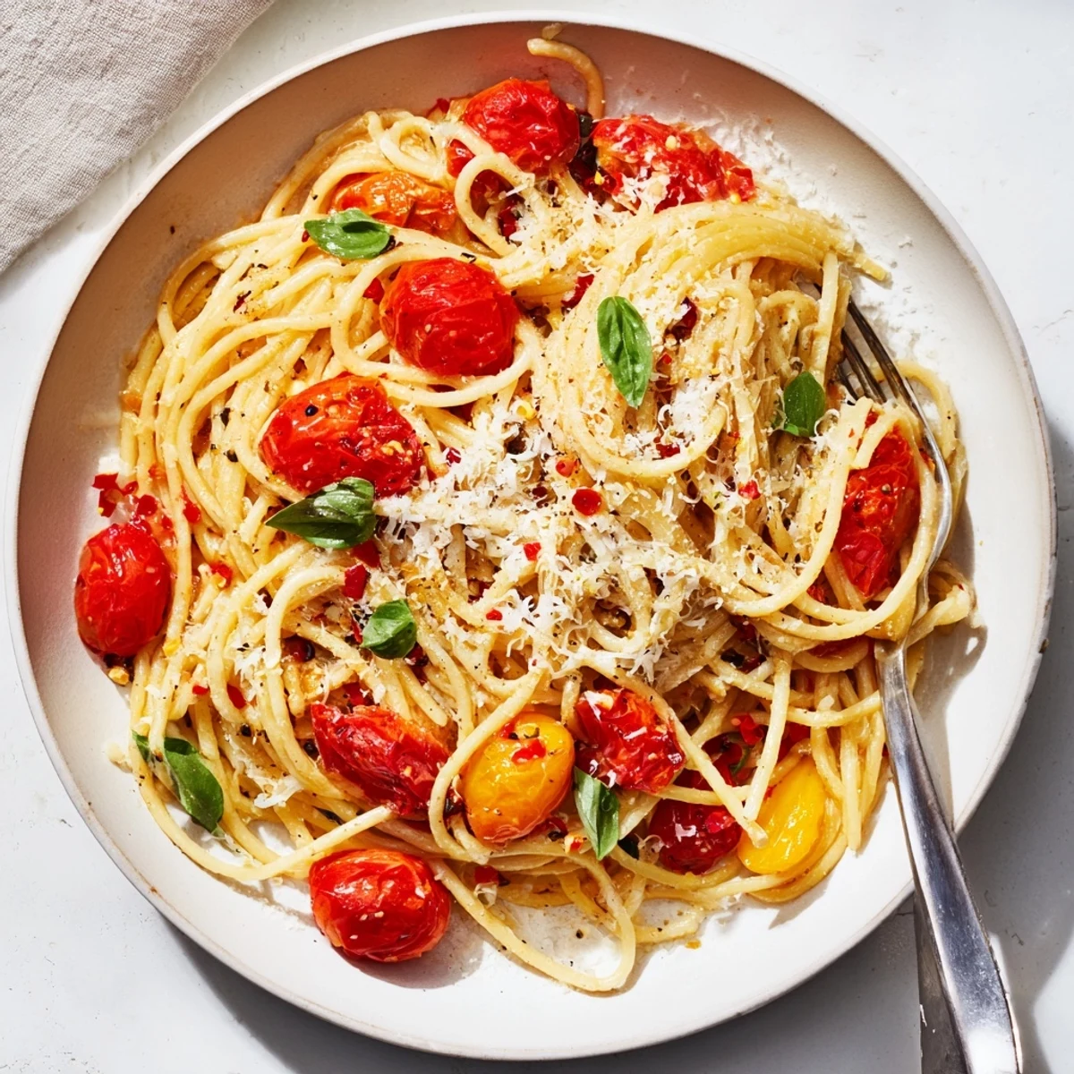 Close-up of freshly cooked Lazy-Girl Pasta, showcasing vibrant tomatoes and cheesy, savory flavors.