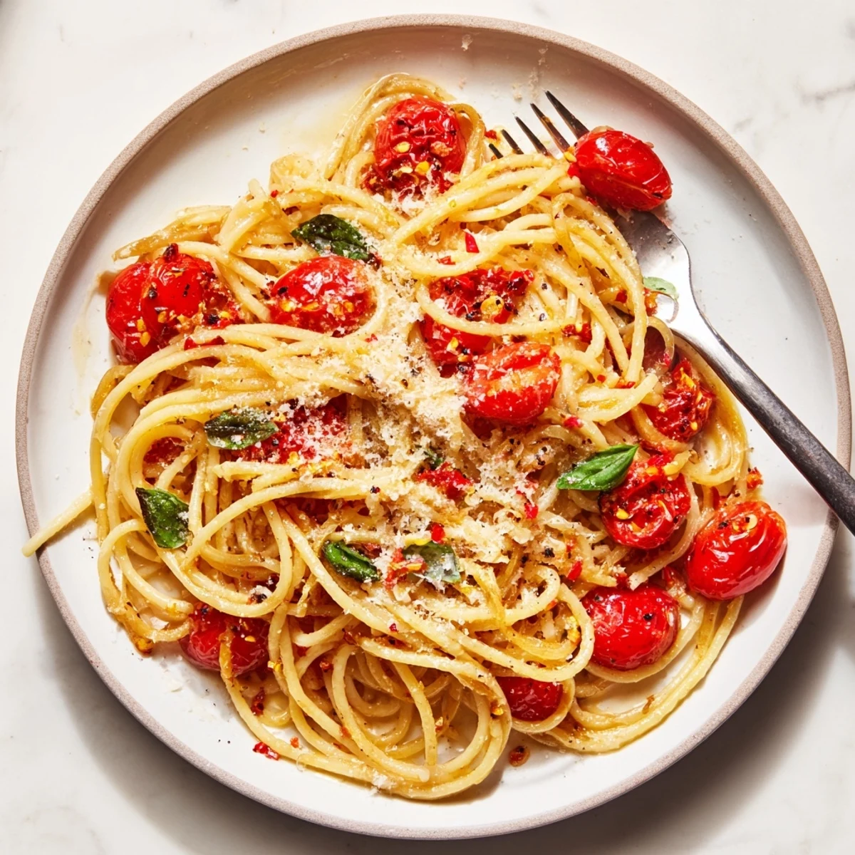A comforting plate of Italian-inspired Lazy-Girl Pasta with garlic aroma, perfect for a quick dinner.