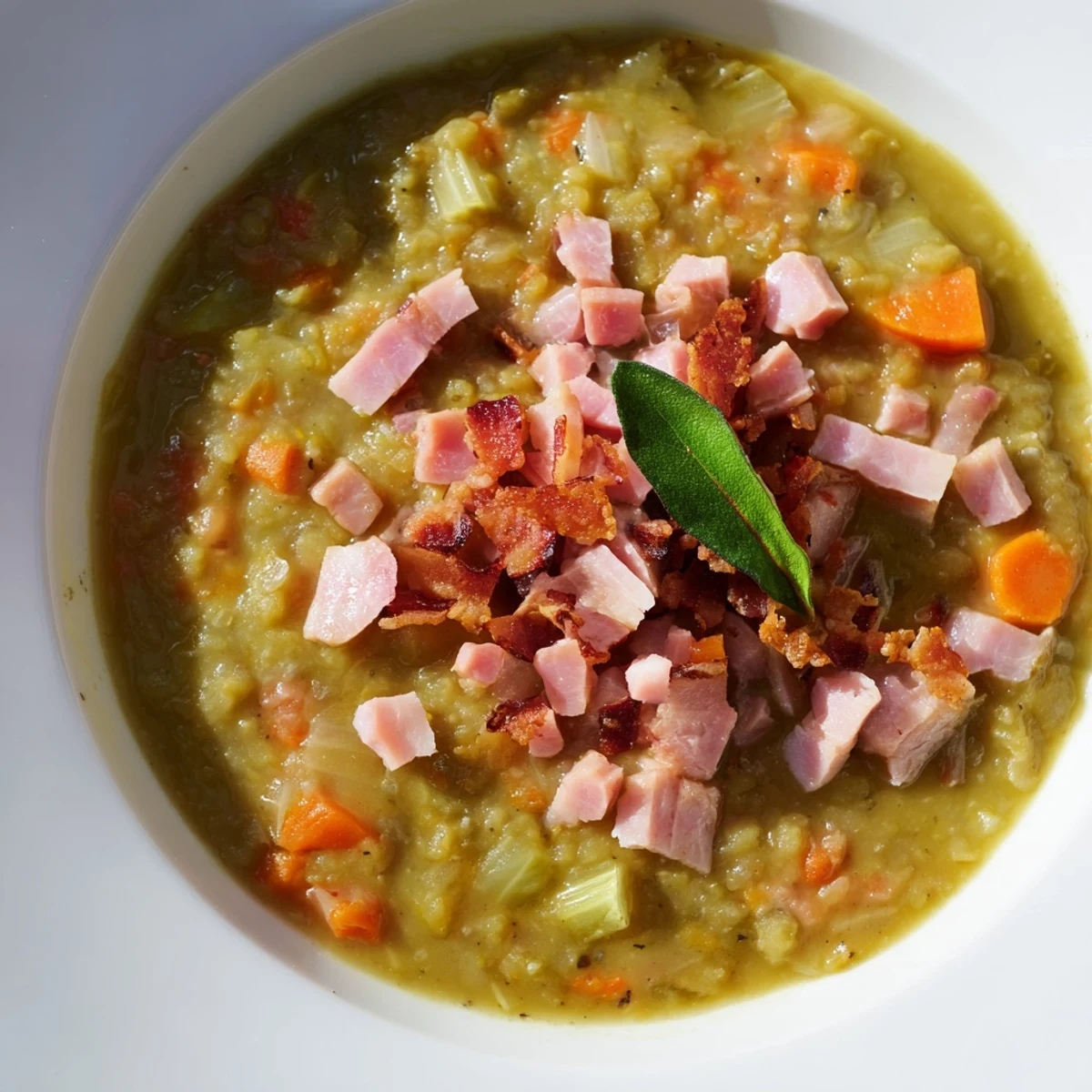 A steaming bowl of Split Pea Soup with Canned Ham and bacon, garnished with crispy bacon.