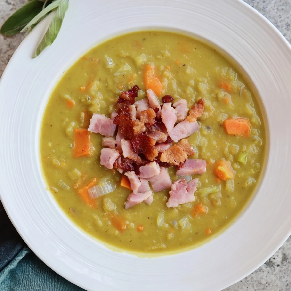 Thick, hearty Split Pea Soup with Canned Ham, smelling of savory bacon and ready to eat.