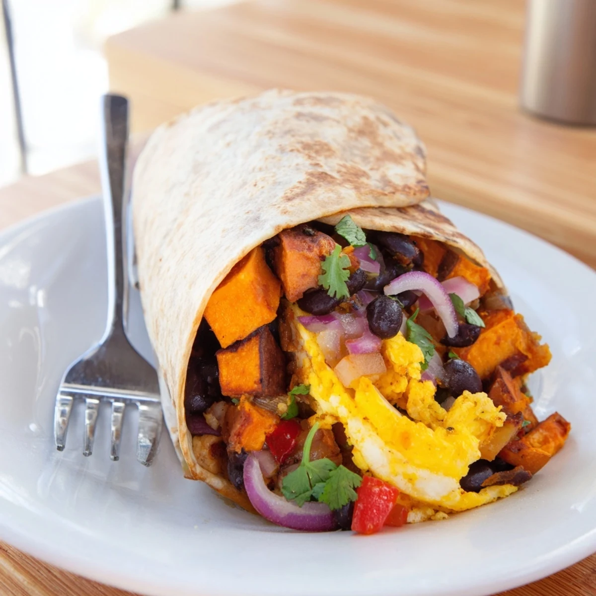 Golden roasted sweet potato and black bean breakfast burritos, a satisfying Tex-Mex morning meal.