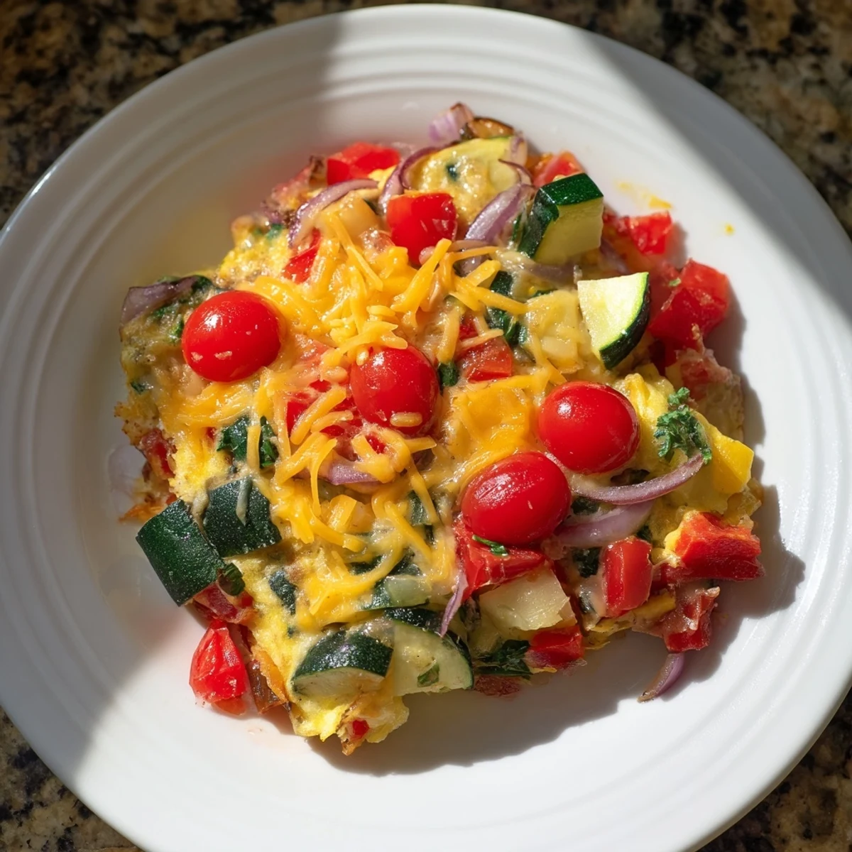 Fluffy baked Egg & Veggie Sheet Pan Scramble with roasted vegetables and melted cheese, ready to serve.