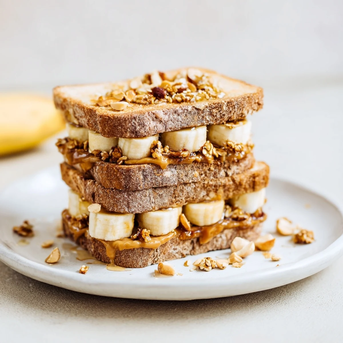 Golden, toasted bread holds a delicious Peanut Butter & Banana Sandwich Upgrade, drizzled with honey.