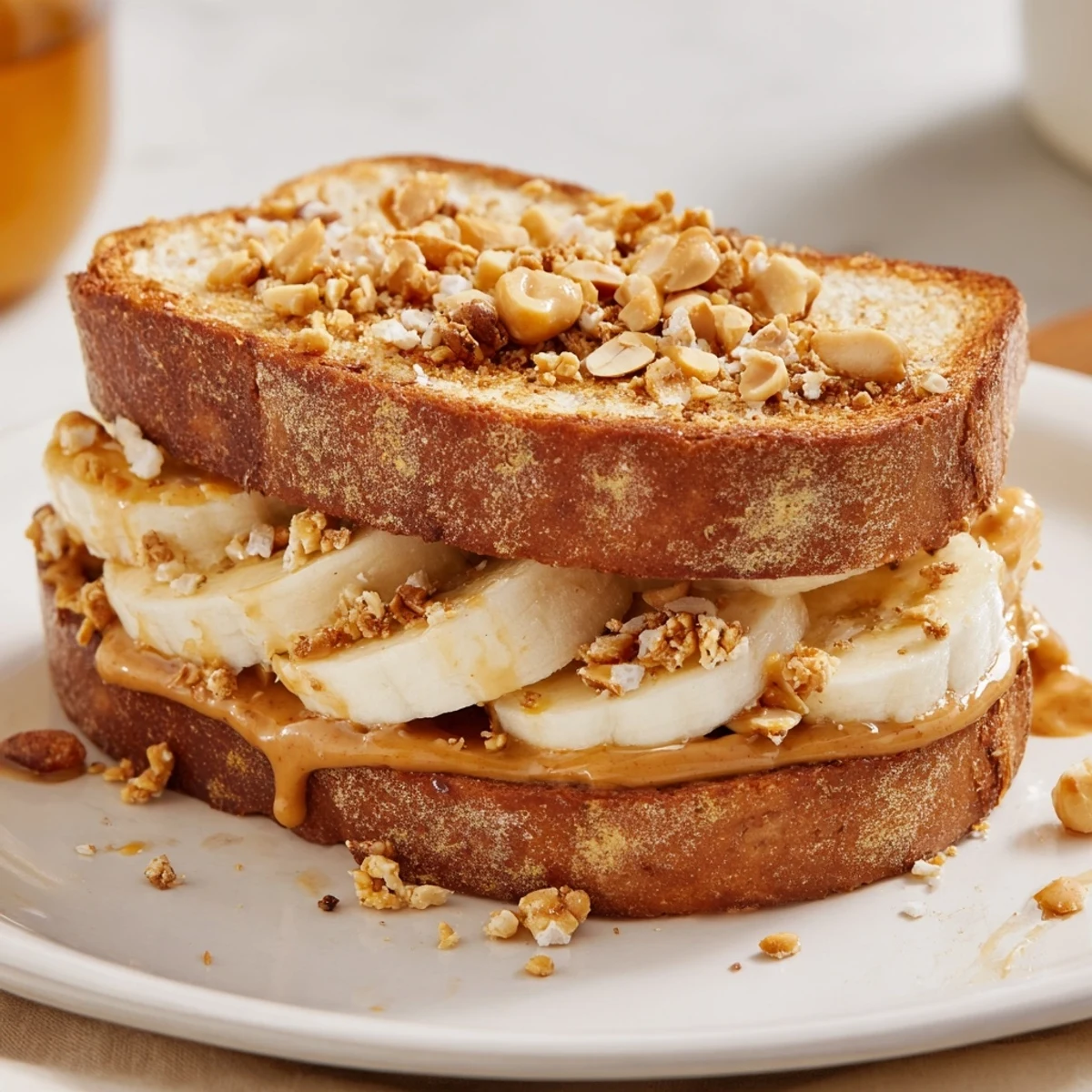A layered Peanut Butter & Banana Sandwich Upgrade with visible peanut butter, bananas, and crunchy granola topping.
