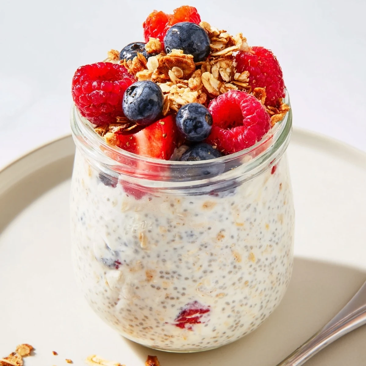 Overnight oats in jars, layered with berries and granola, are a delicious no-cook breakfast.