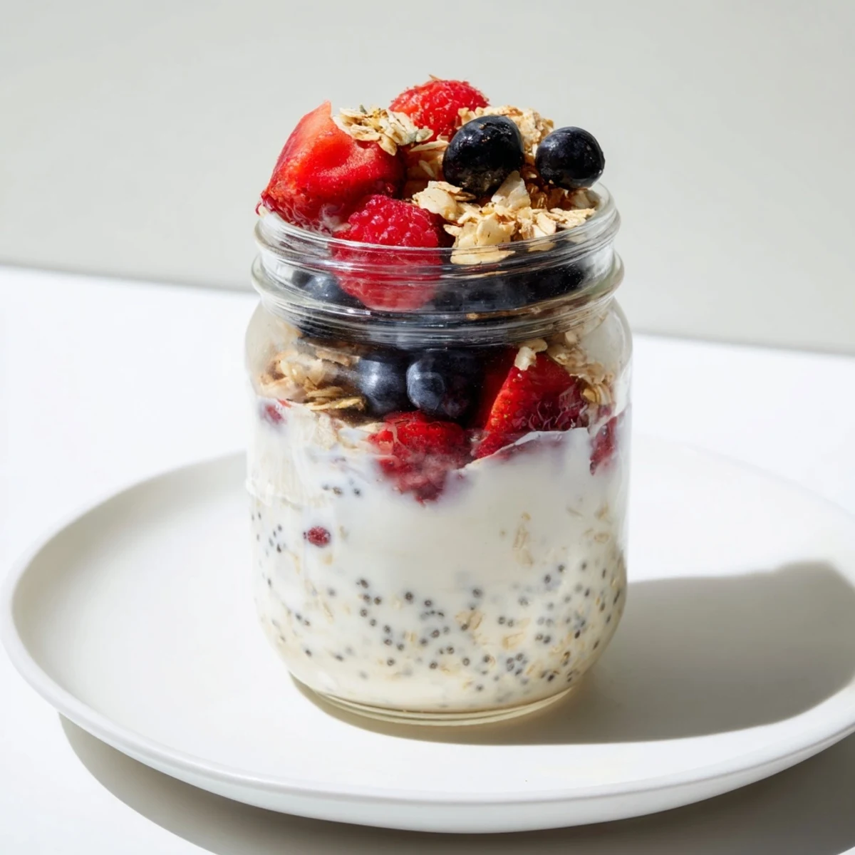 Easy-to-prepare overnight oats in jars, ready to be enjoyed with added sliced banana and nuts.