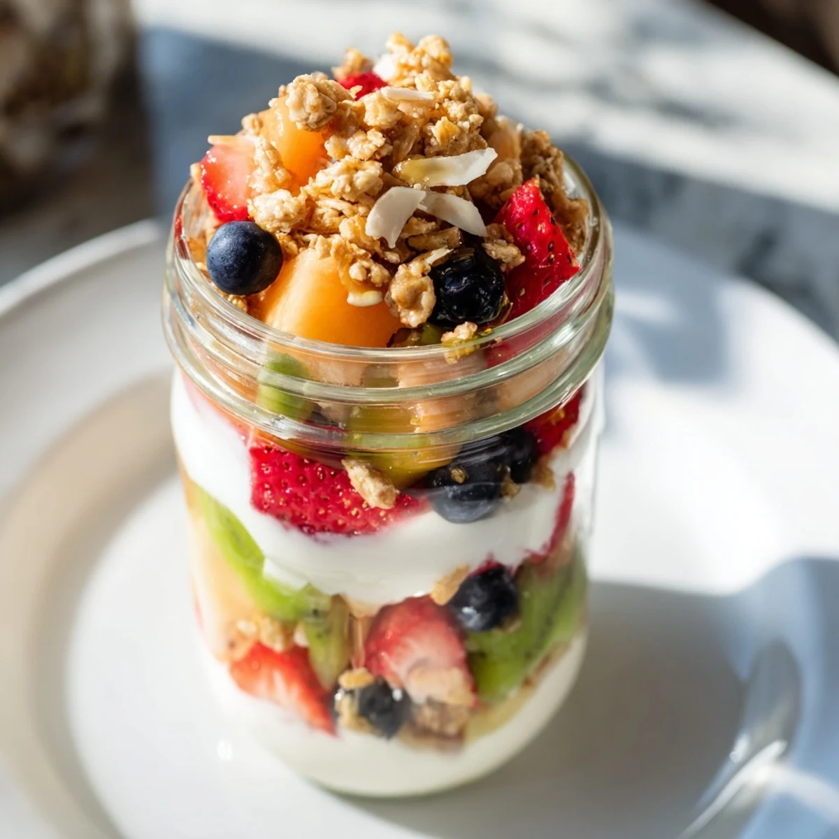 This layered yogurt parfait features colorful fruit and a sprinkle of granola, perfect for an easy snack.