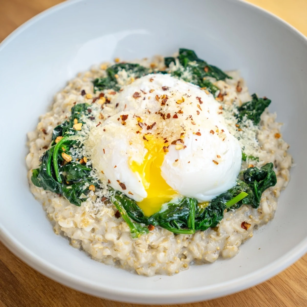 A close-up shot of the savory oatmeal includes a perfect poached egg and fresh spinach.