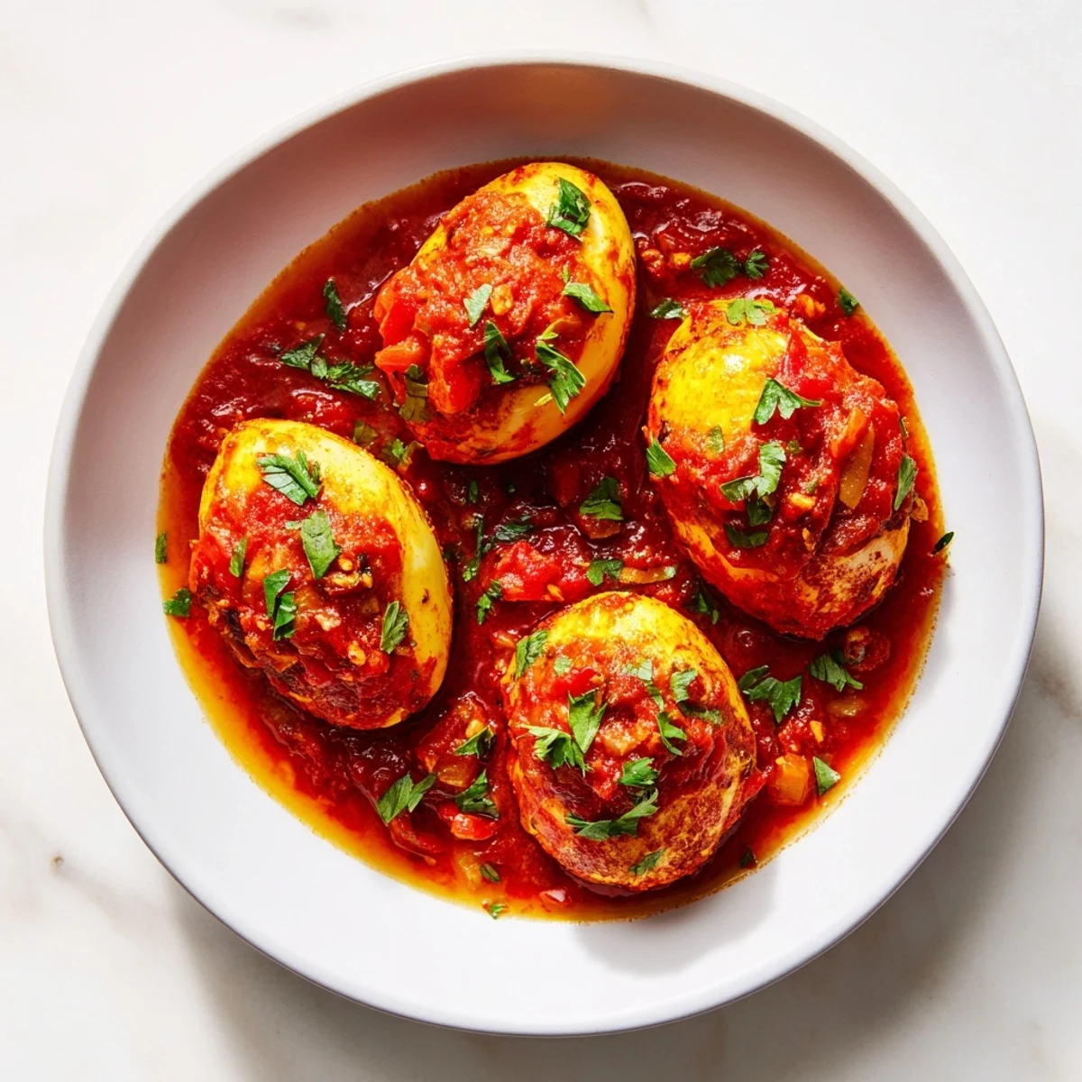 A comforting baked dish: Savoury Baked Eggs in Tomato Sauce, featuring rich red sauce, perfectly soft eggs, and fresh herbs.