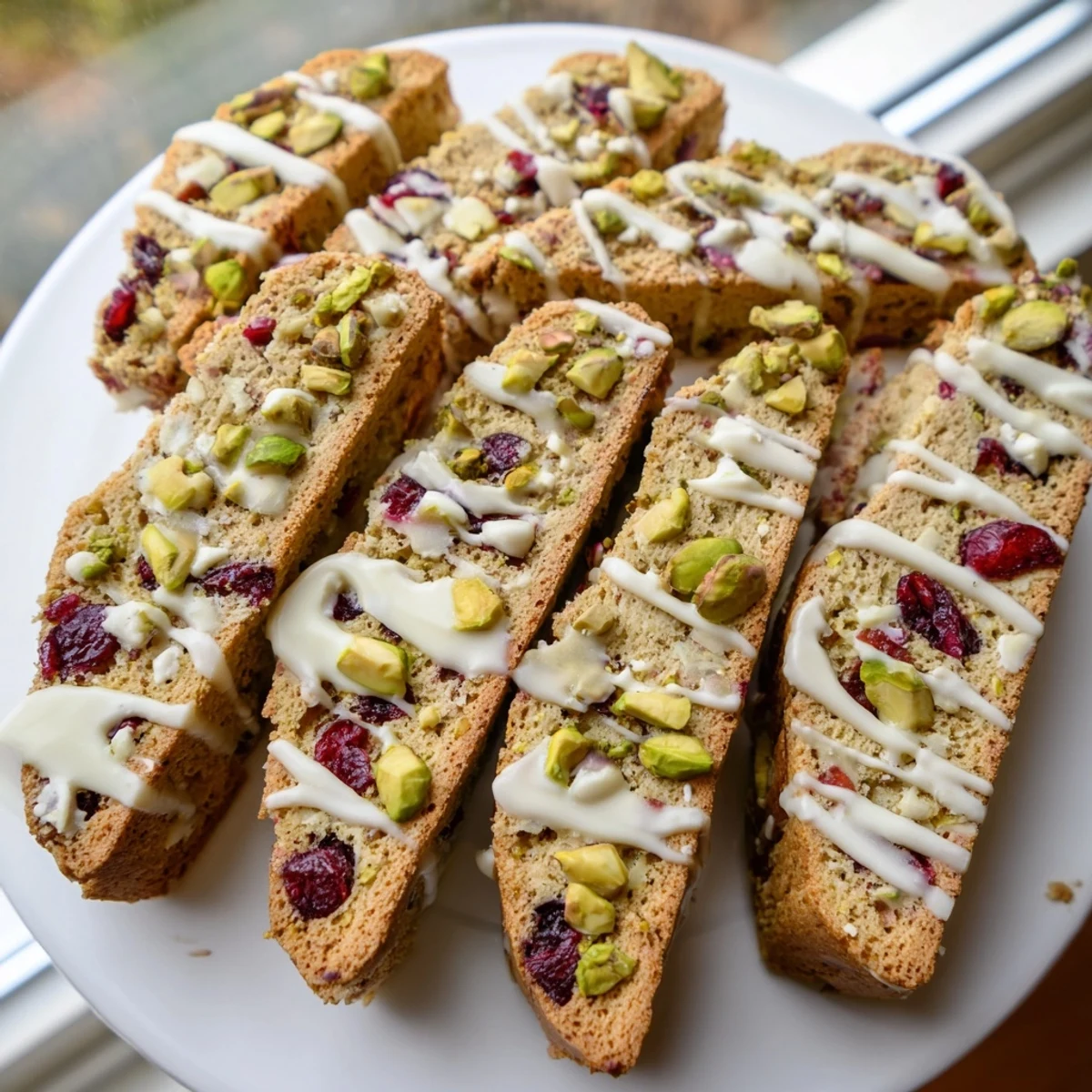 Close-up of freshly baked White Chocolate Cranberry Pistachio Biscotti, wonderfully textured with pistachios and cranberries.
