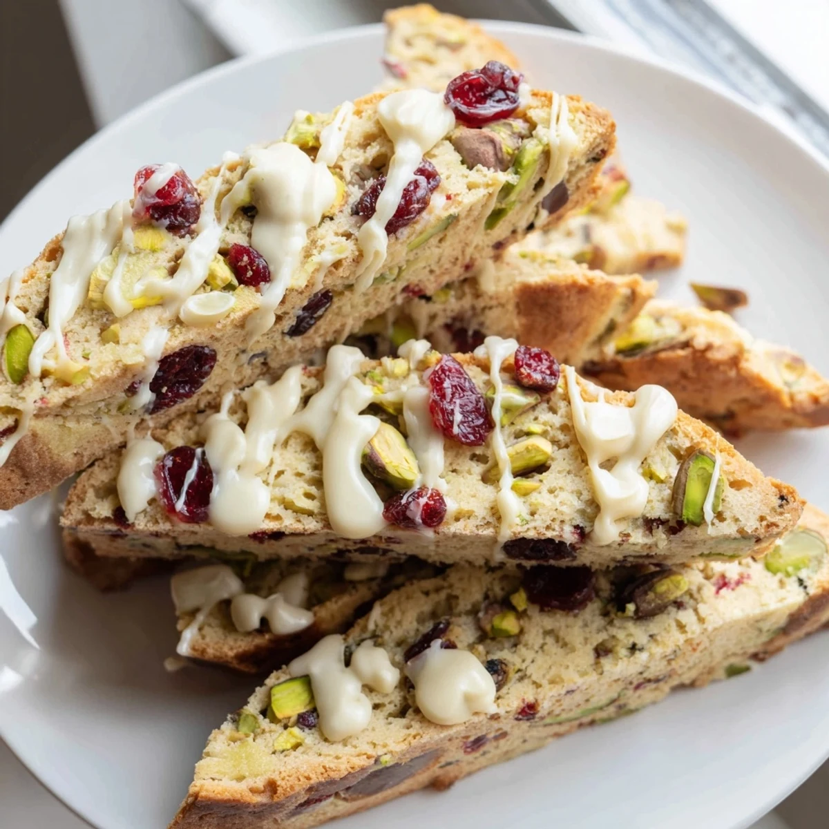 Holiday-ready: A beautiful stack of homemade White Chocolate Cranberry Pistachio Biscotti, drizzled with white chocolate.
